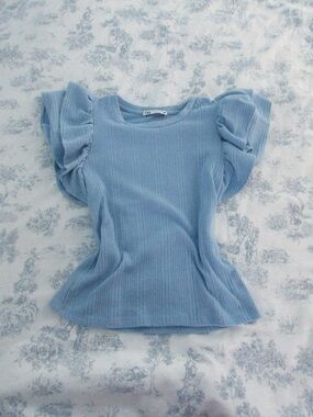 Zara Light Blue Ribbed Flutter Sleeve Top